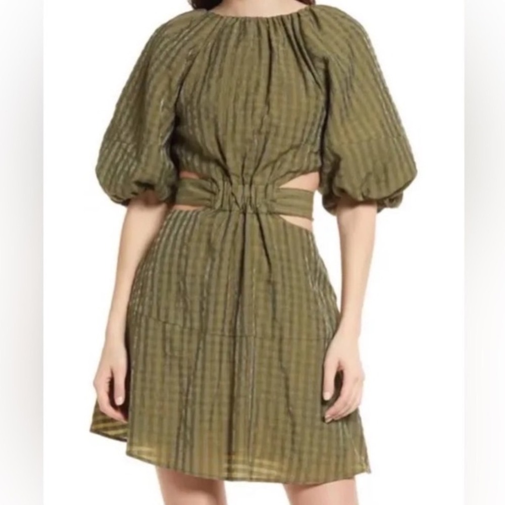 Anthropologie Moon River Olive Green Plaid Cutout Mini Dress Puff Sleeve Small‎